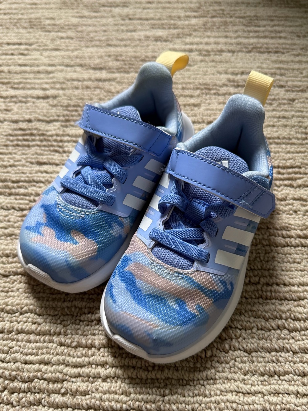 Adidas Kids Light blue Camo Sneakers with Yellow Pull Tab